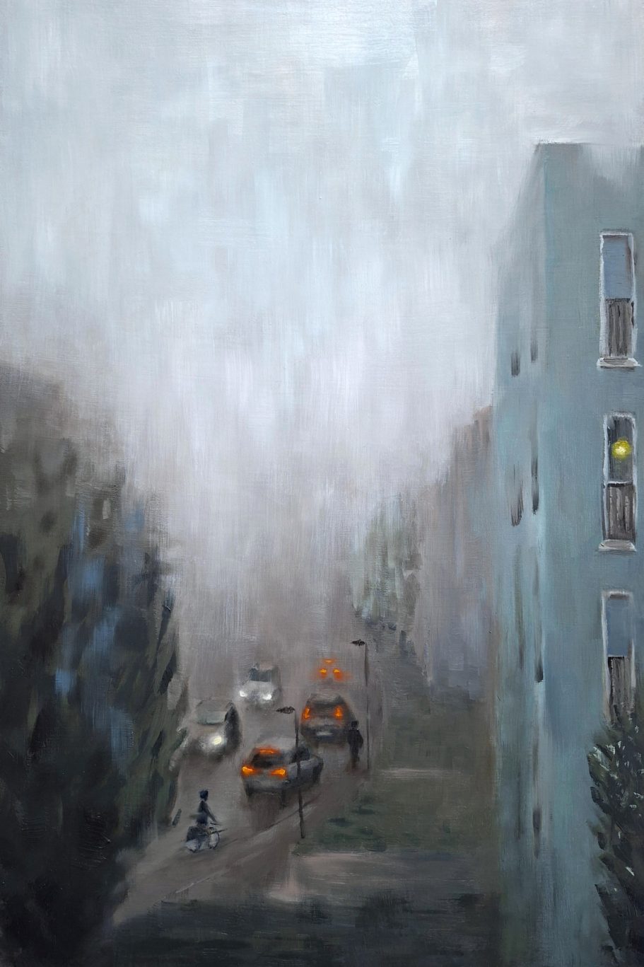 Eine Straße in einem Wohngebiet im Nebel. Die Autolichter scheinen in der Ferne rot und weiß. 